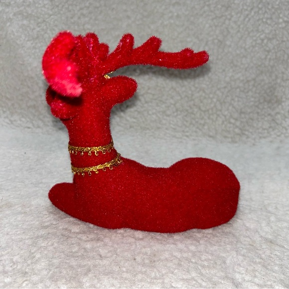 Red Velveteen flocked vintage sitting Reindeer with gold bow 8" plastic - Picture 7 of 11